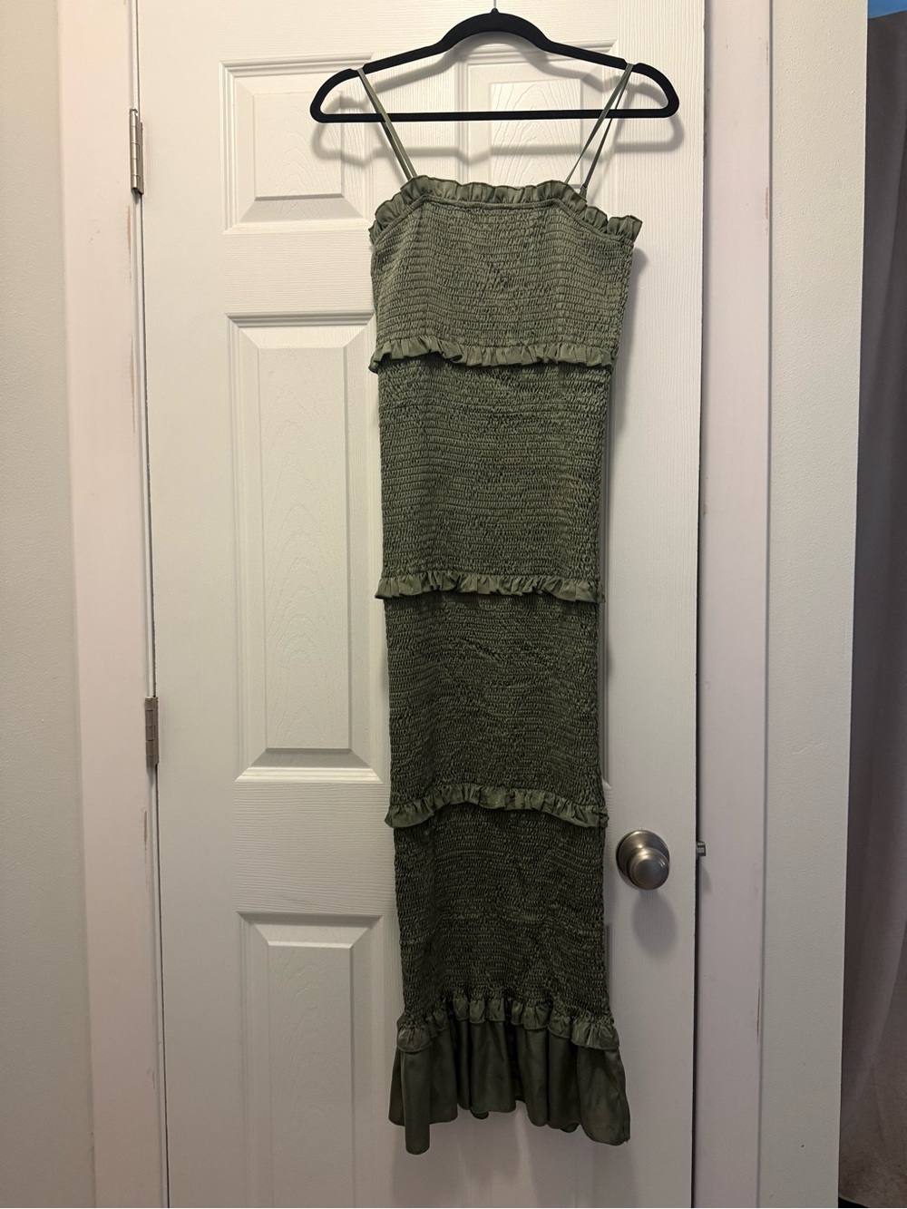 Olive Smocked Ruffle Strap Midi Dress